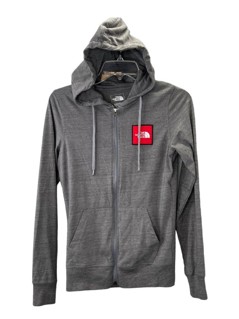 The North Face Gray Hooded Zip Sweatshirt with Red Logo Patch
